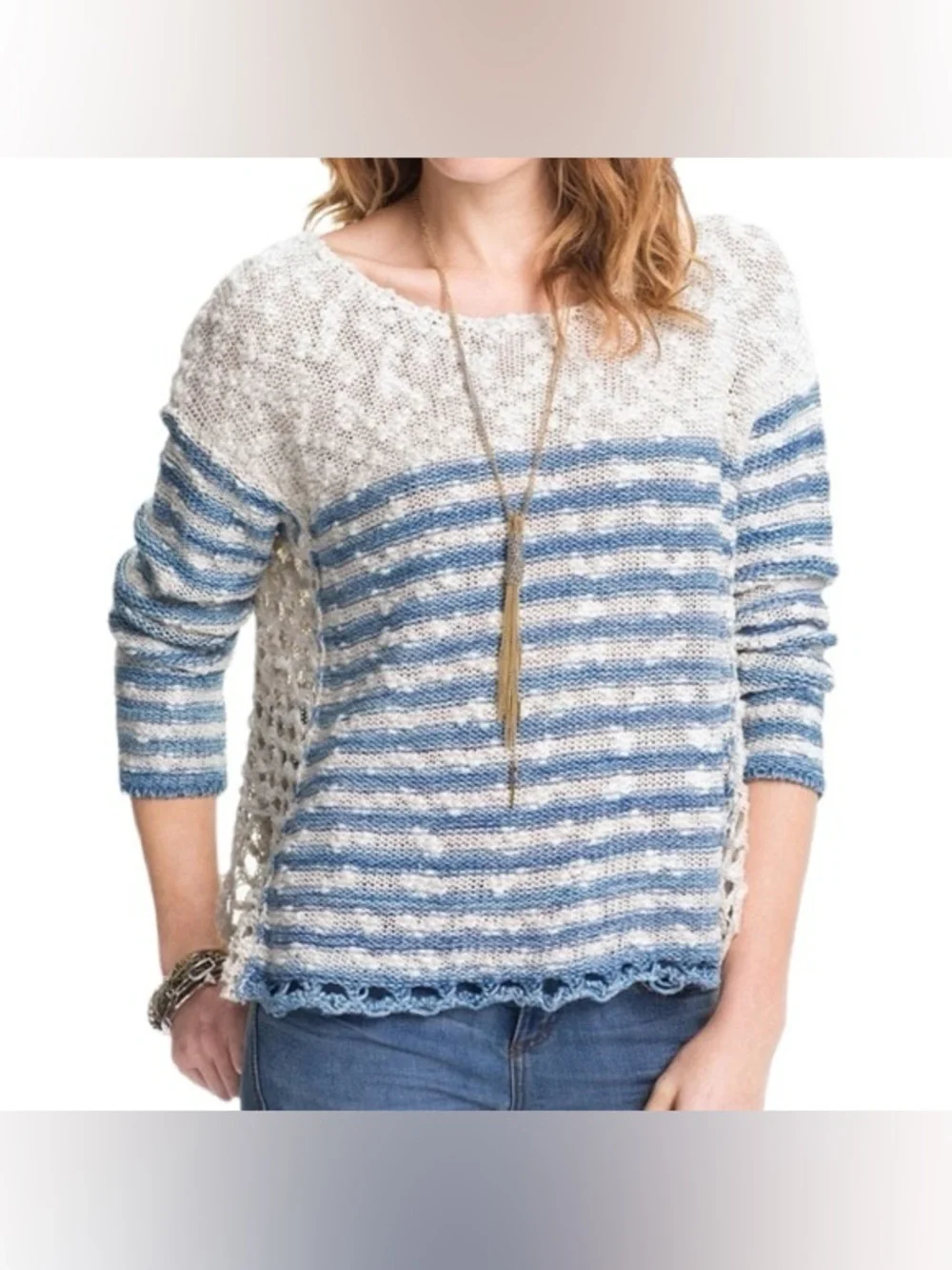 Free People Striped In Crochet Pullover Sweater Blue Cream Medium